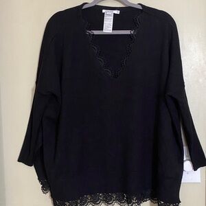Chico's Black V-Neck Sweater with Lace Trim
